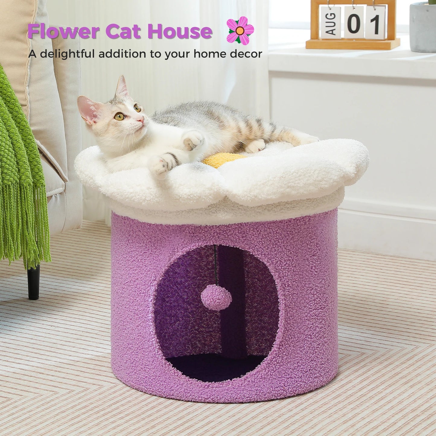 Cat Beds for Indoor Cats Large Cat House with Removable Flower Cat Bed Cute Cat Cave Hideaway Indoor Cat Condo
