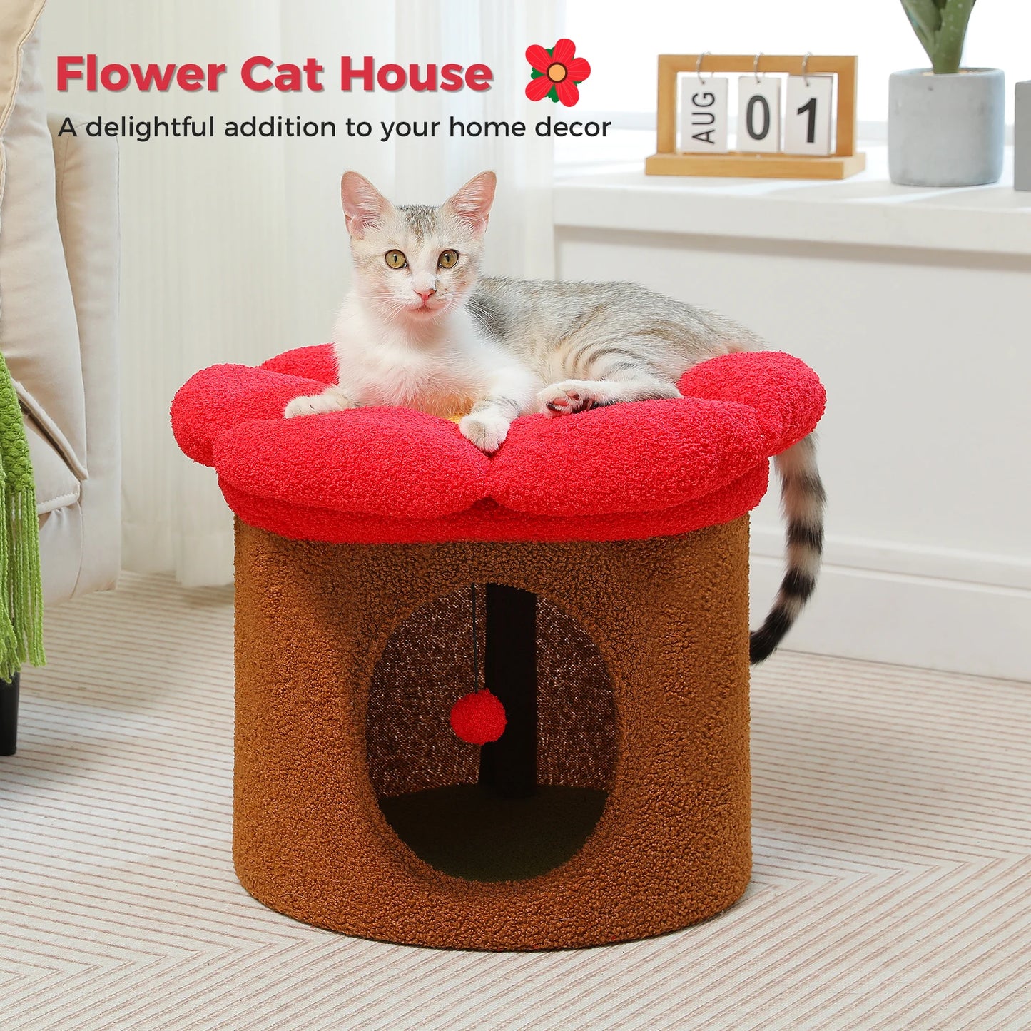 Cat Beds for Indoor Cats Large Cat House with Removable Flower Cat Bed Cute Cat Cave Hideaway Indoor Cat Condo