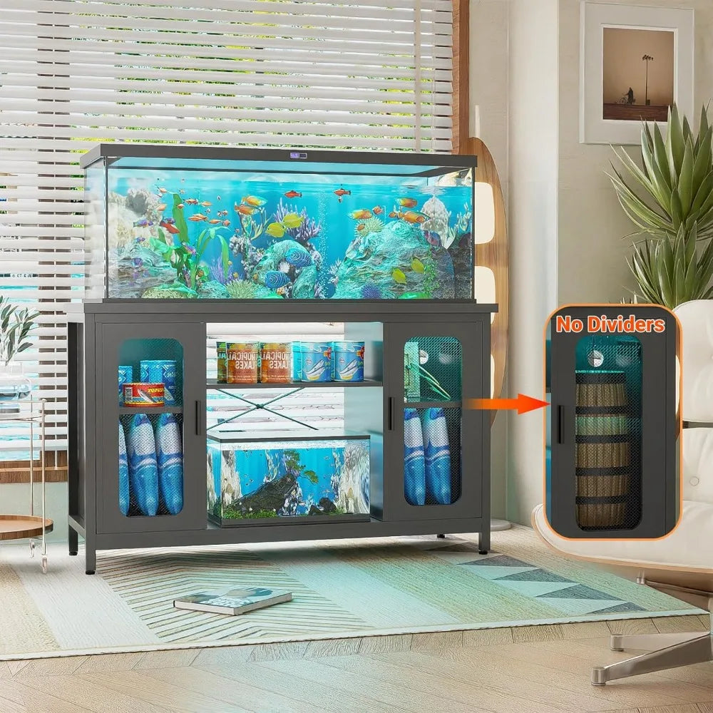 Reptile Tank Stand Fish Tank Stand with Power Outlets & LED Light, 55-75 Gallon Reversible Terrarium Stand with Cabinet - The Paw Tech