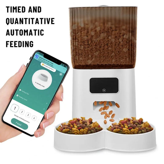 Smart Pet Feeder with Dual Bowls and 5L Transparent Storage WiFi App Control for Automatic Timed Dispensing for Cats and Dogs