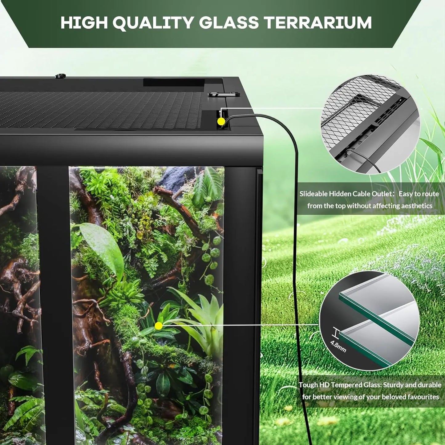 Reptile Glass Terrarium with Top & Side Screen Ventilation Reptile Terrarium, Double Hinge Door  Anti Escape Reptile Tank - The Paw Tech