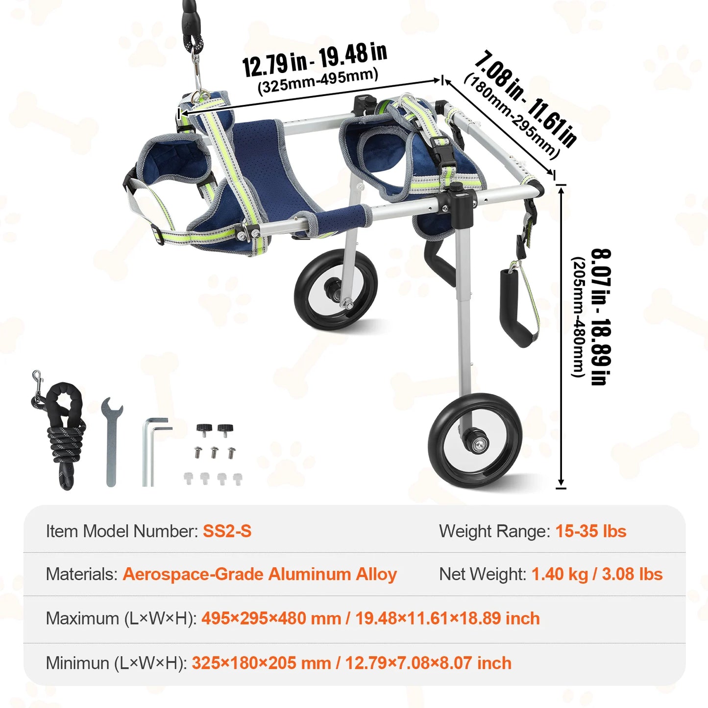 VEVOR 2 Wheels Dog Wheelchair for Back Legs Pet Cart for Injured Disabled Paralysis Hind Limb Weak Pets