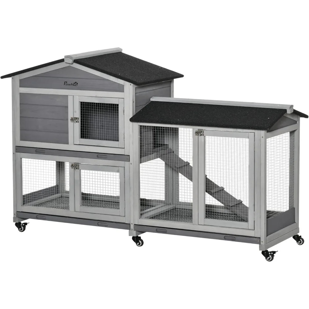 62" Rabbit Hutch, Wooden Bunny Hutch, Guinea Pig Cage, Small Animal Enclosure with Wheels, Run Area, Removable Tray, Asphalt Ro - The Paw Tech