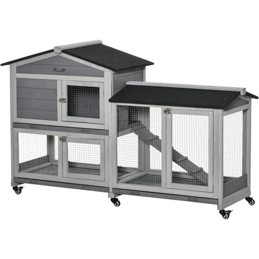 62" Rabbit Hutch, Wooden Bunny Hutch, Guinea Pig Cage, Small Animal Enclosure with Wheels, Run Area, Removable Tray, Asphalt Ro - The Paw Tech