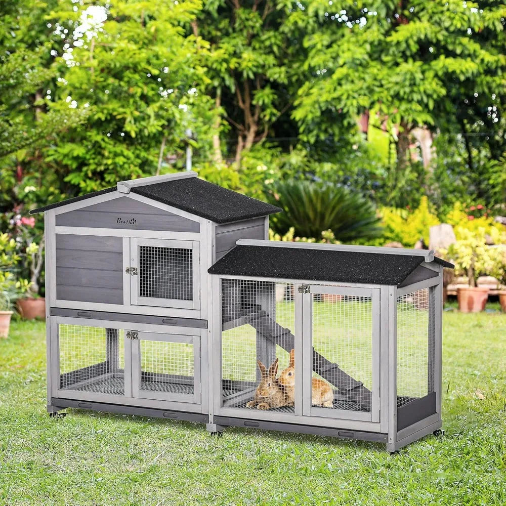 62" Rabbit Hutch, Wooden Bunny Hutch, Guinea Pig Cage, Small Animal Enclosure with Wheels, Run Area, Removable Tray, Asphalt Ro - The Paw Tech