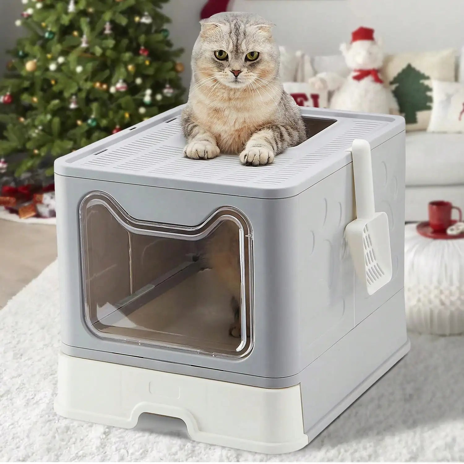 Convenient Foldable Litter Box Drawer Design with Scooper for Easy Cat Waste Management - The Paw Tech