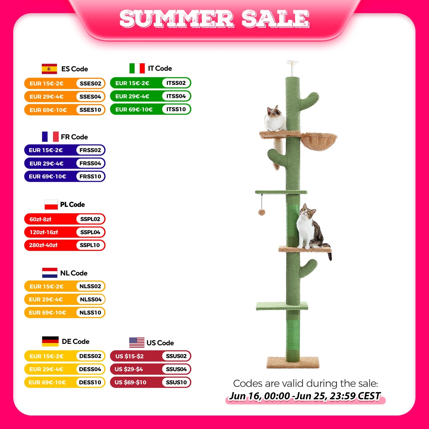 Cat Tree 5 Tier Floor to Ceiling Cat Tower Cactus Tall Climbing Tree with Scratching Post Hammock and Dangling Ball for Indoor Cats - The Paw Tech