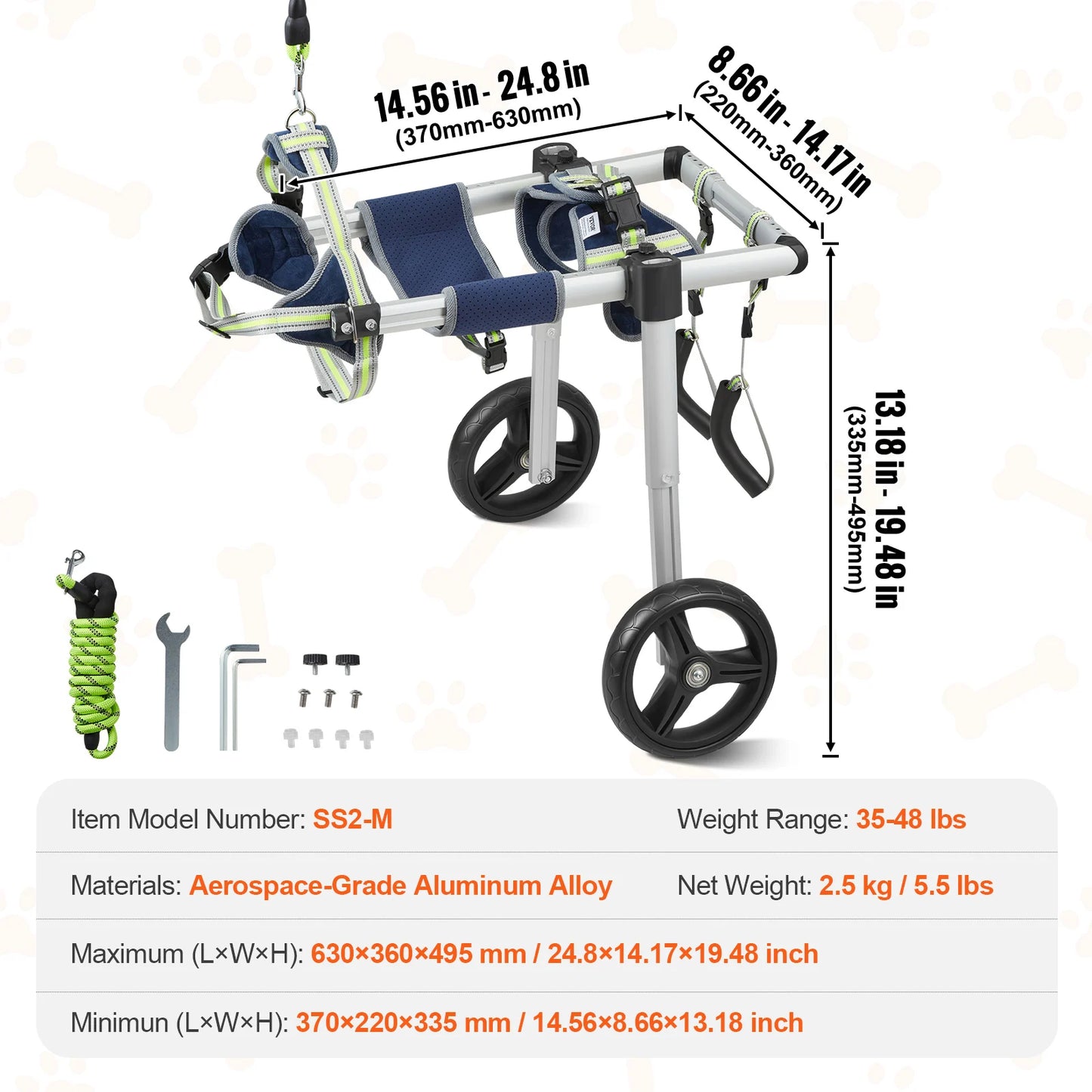 VEVOR 2 Wheels Dog Wheelchair for Back Legs Pet Cart for Injured Disabled Paralysis Hind Limb Weak Pets
