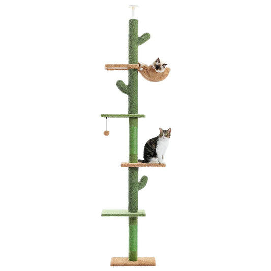 Cat Tree 5 Tier Floor to Ceiling Cat Tower Cactus Tall Climbing Tree with Scratching Post Hammock and Dangling Ball for Indoor Cats - The Paw Tech