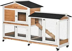 62" Rabbit Hutch, Wooden Bunny Hutch, Guinea Pig Cage, Small Animal Enclosure with Wheels, Run Area, Removable Tray, Asphalt Ro - The Paw Tech