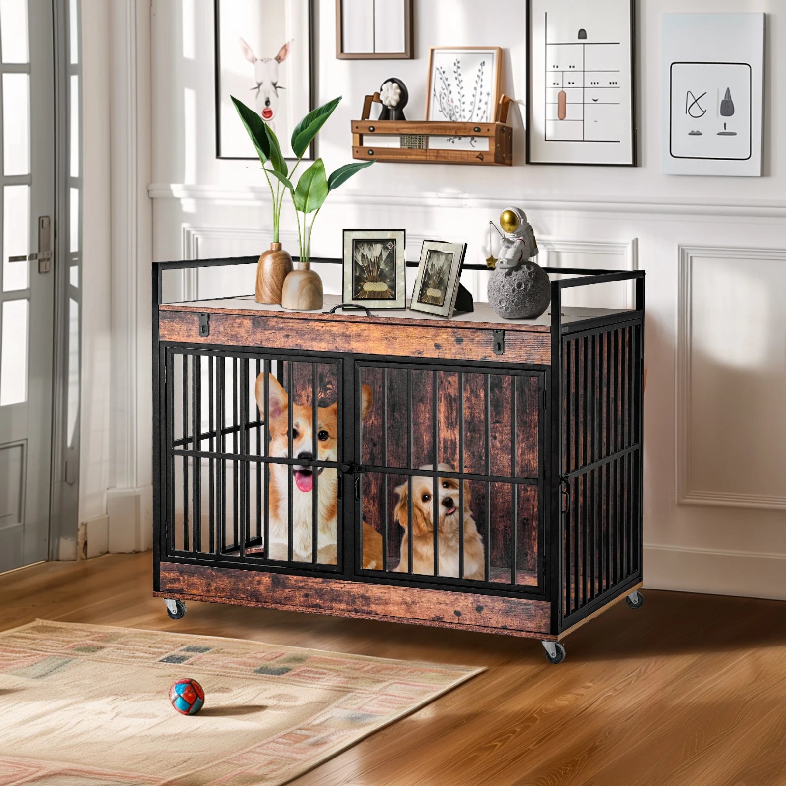 Redlife Dog Crate Furniture End Table Indoor Heavy Duty Dog Kennel with Wheels and Feeder Bowls Flip Top 43.7 x 30 x 37.8 Inches - The Paw Tech